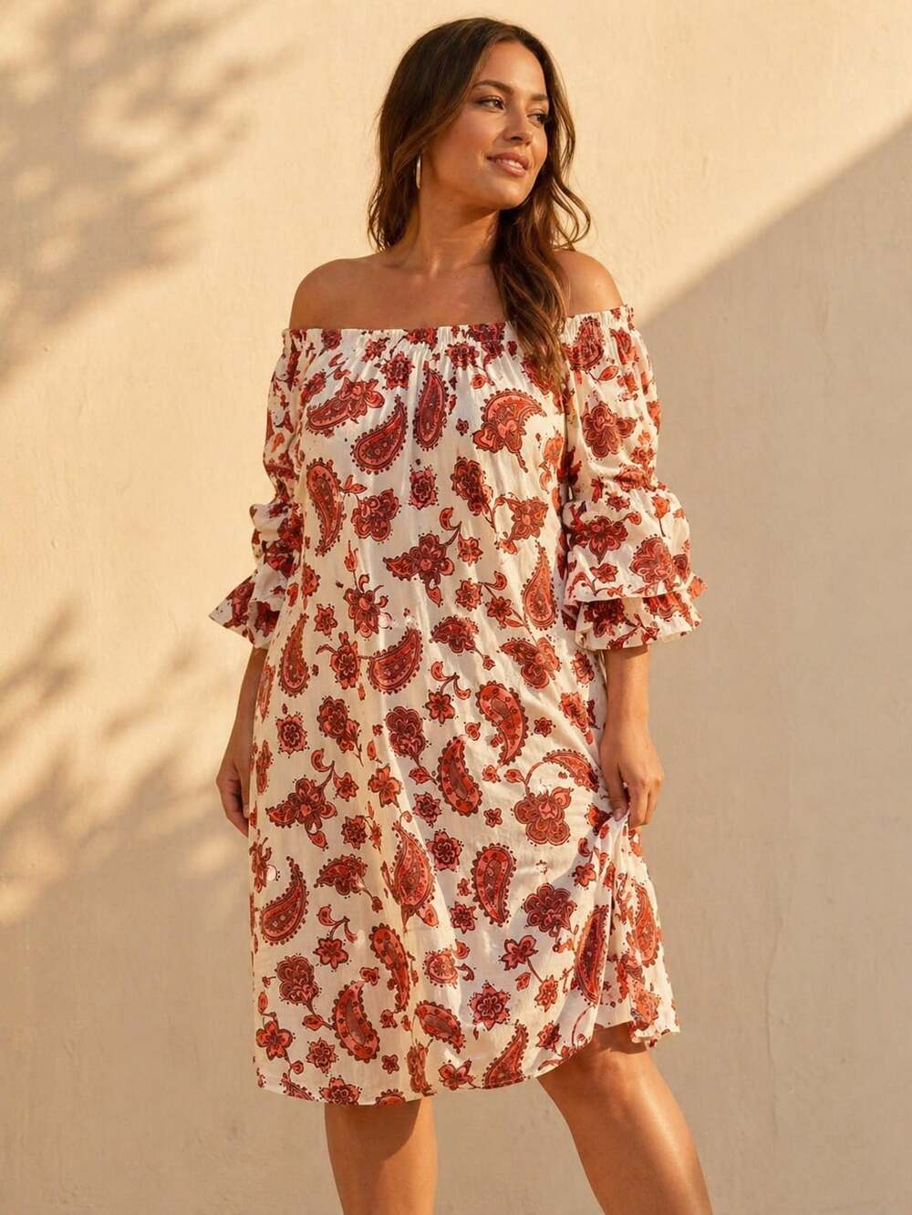 MSK Women 1X Paisley Peasant Dress Boho Off Shoulder Ruffle Sleeve Plus Size